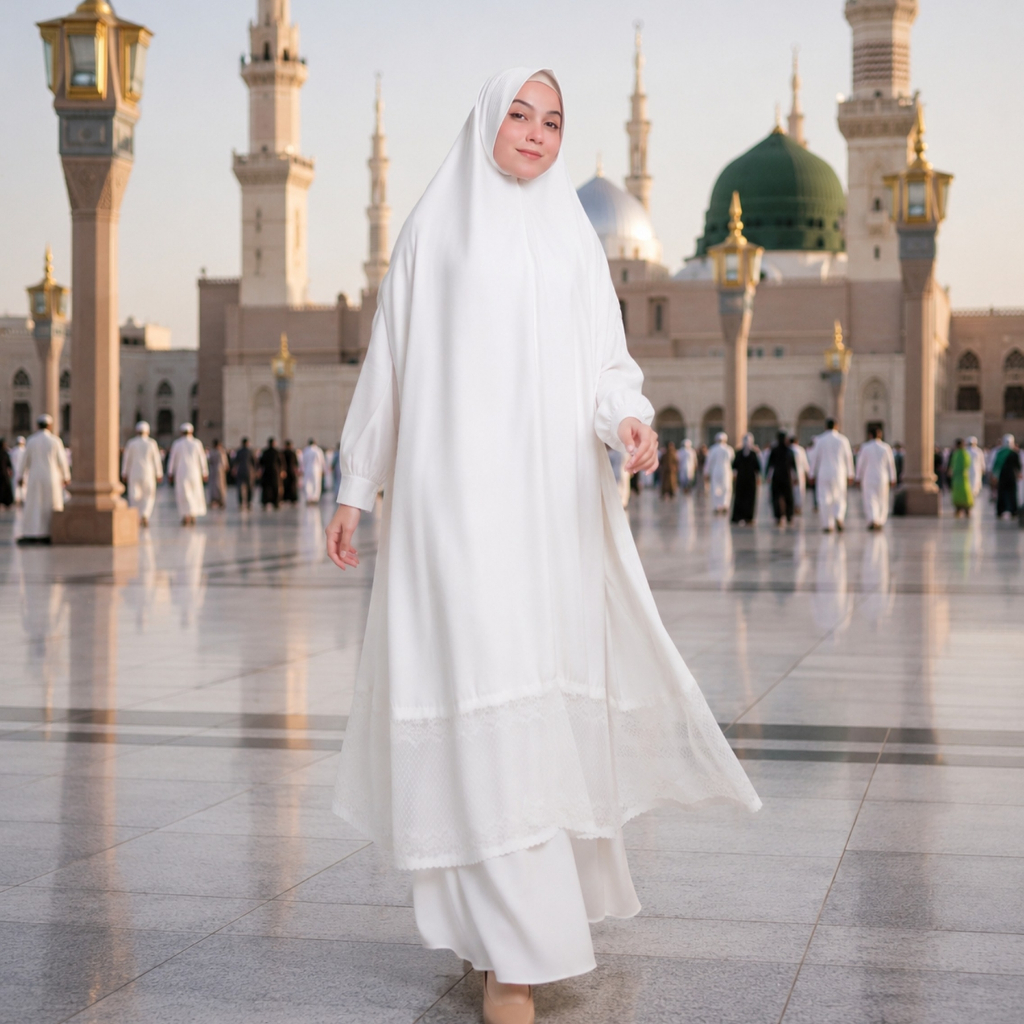 Raisma - Khimar Tangan Bolong Set Gamis Anti UV Haji dan Umroh Wanita / Baju Ihram Lengkap Set Khima