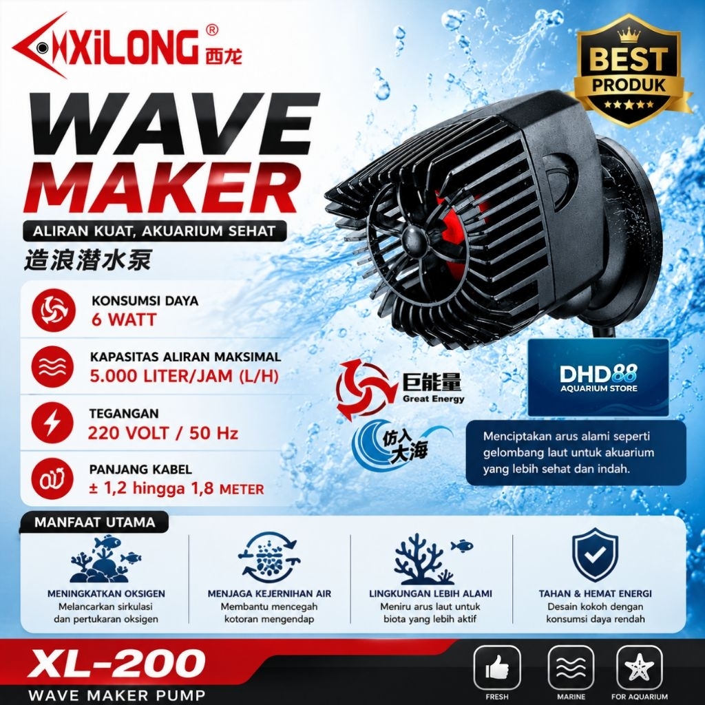 XiLong XL-200 Wave Maker Pump/ Pembuat Arus Aliran Kuat untuk Aquarium Sehat, daya 6 watt, 5.000 Lit