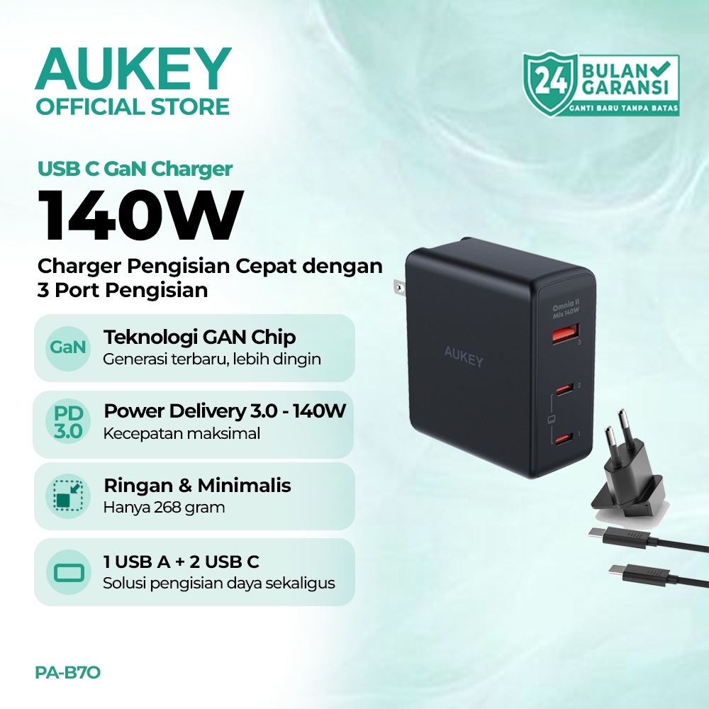 AUKEY Charger GaN 140W Multi Port Fast Charging Laptop Macbook iPhone Samsung PA-B7O