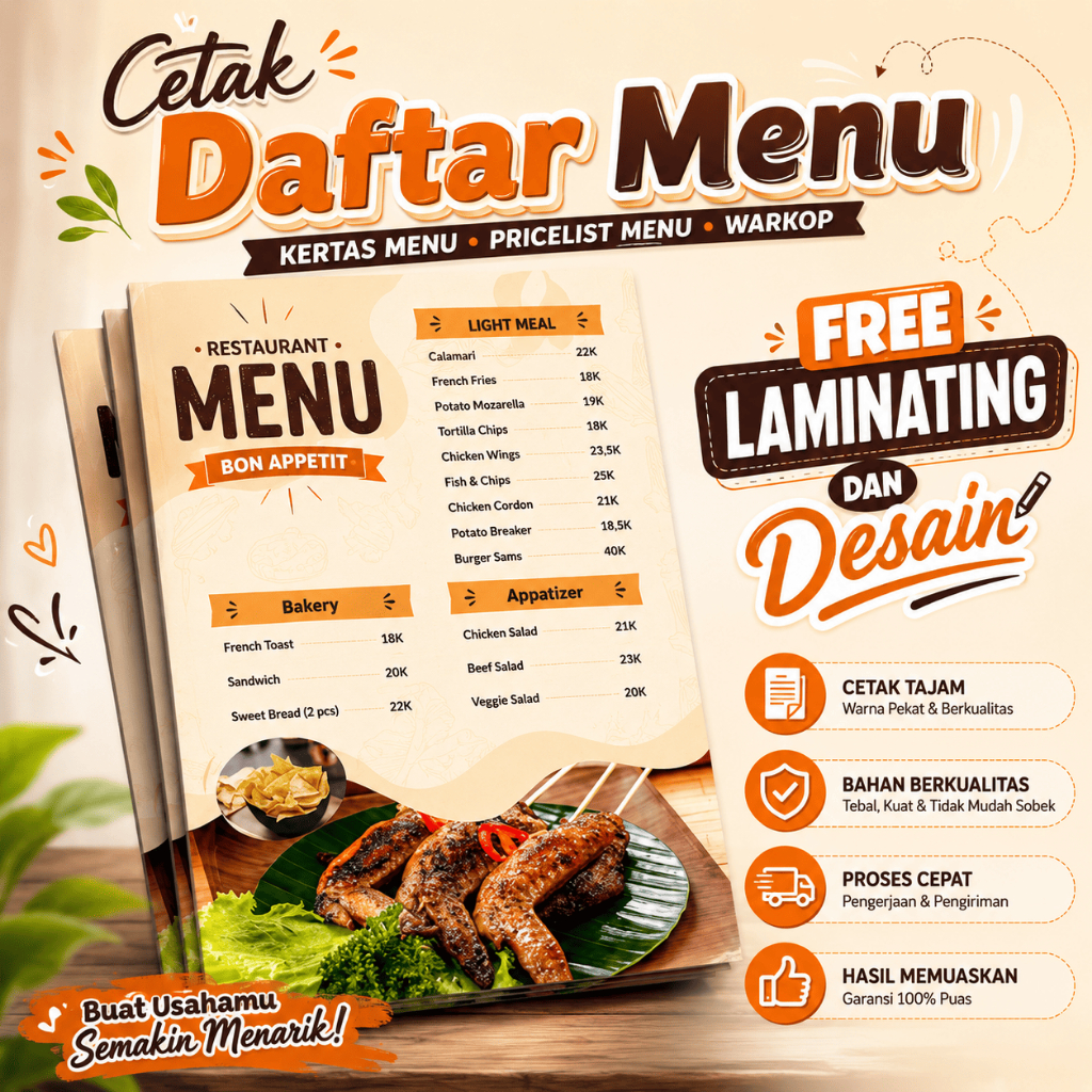 Cetak Daftar Menu Kertas Menu Pricelist Menu Warkop Free Laminating Dan Desain