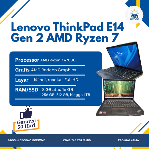 LAPTOP SECOND - Lenovo ThinkPad E14 Gen 2 AMD Ryzen 7 5700U RAM 16GB SSD 256GB Second Mulus