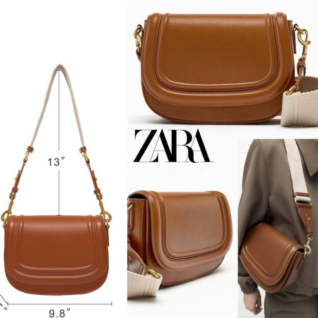 [PRELOVED] Zara Flap Shoulder Bag with Textile Strap - Brown/Leather
