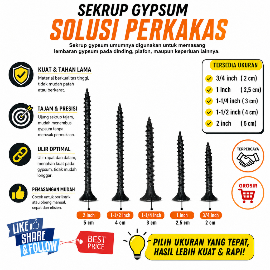 Sekrup Gypsum Skrup Gipsum FULL KOTAK 1000pcs / Sekrup Baut Gypsum Drywall Screw Baja