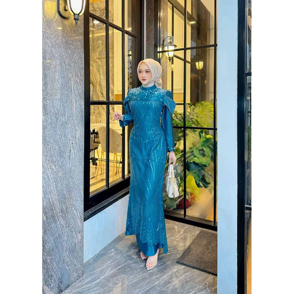 Gamis Pesta Muslimah Mewah Brokat Mix Payet Bahan Satin Premium