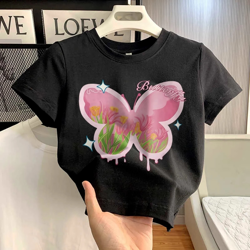 CROP TOP WANITA KUPU KUPU PINK BAHAN KNIT PREMIUM KAOS KUPU KUPU PINK