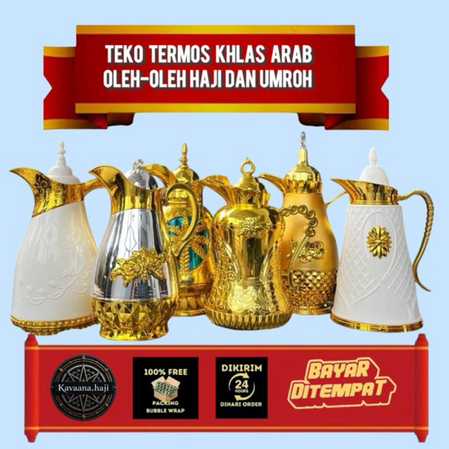Termos Vacum khas Arab Flask / teko arab 1 liter termos emas oleh-oleh Haji dan umroh