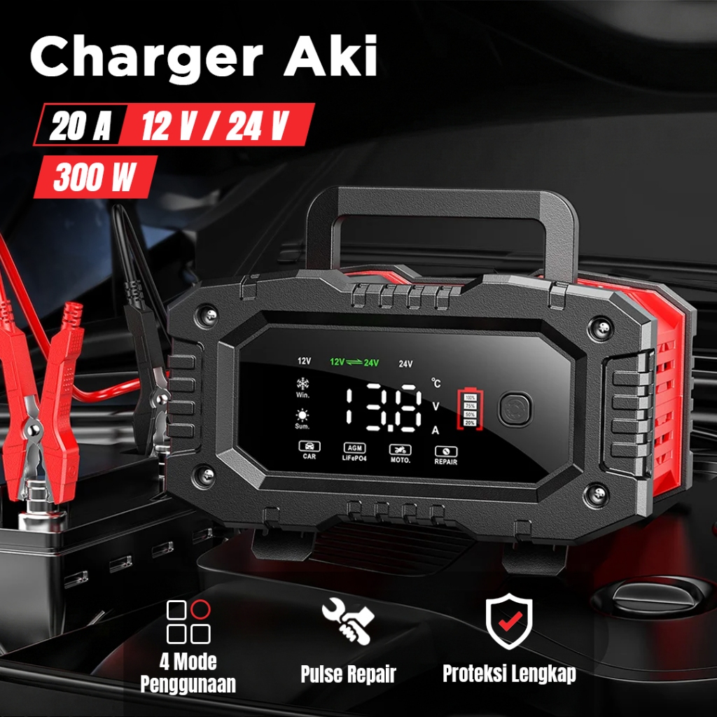 FOXSUR Charger Baterai Aki Mobil Motor Portable 20A 300W 12/24V