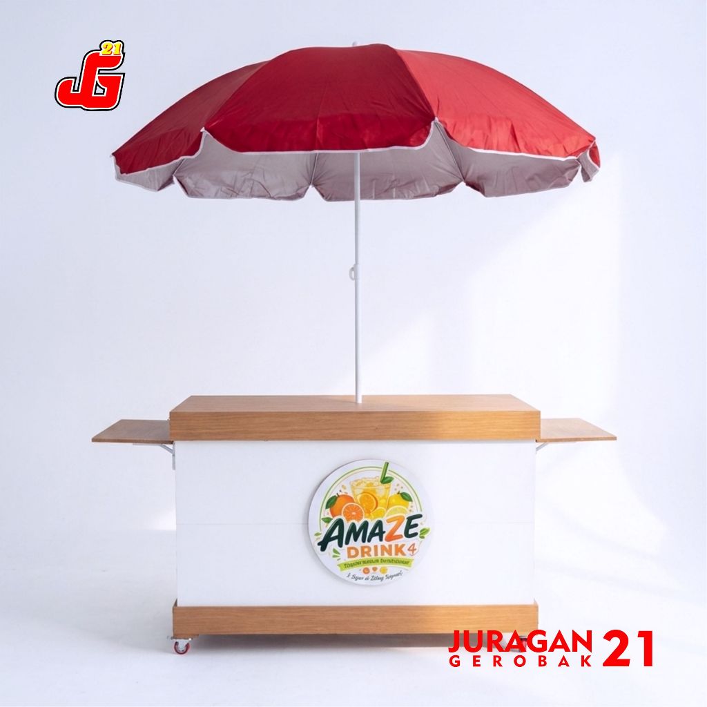 Booth Portable Bongkar pasang Model Gerobak Koper + Roda + Payung lengkap Logo Brand Juragan Gerobak