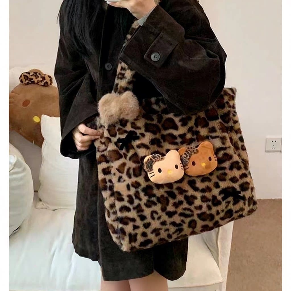 Tas Bulu Macan Tutul kitty Tote Bag Tas Bahu Kapasitas Besar Bulu