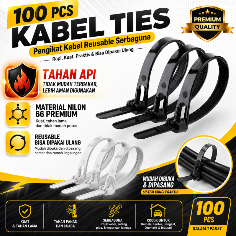 100 PCS Kabel Ties Reusable Nilon Premium Tahan Api Adjustable Pakai Ulang Pengikat Kabel Reusable B