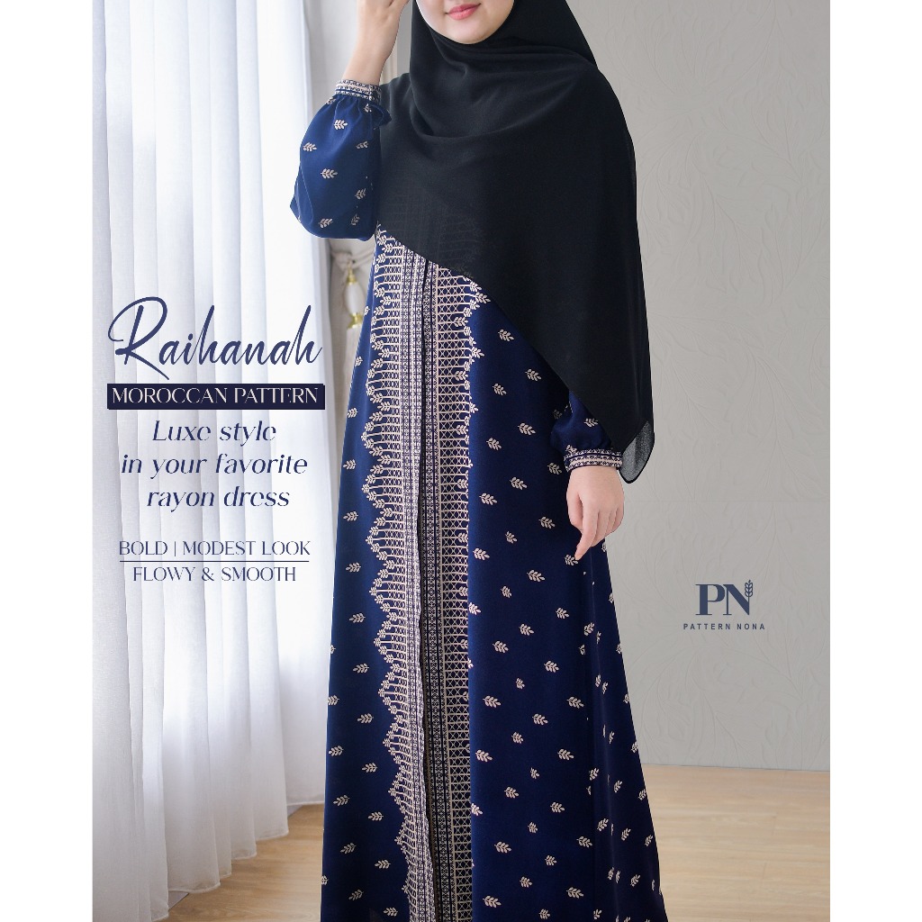Pattern Nona Dress Raihannah Navy Gamis Wanita Rayon Viscose Adem Flowy