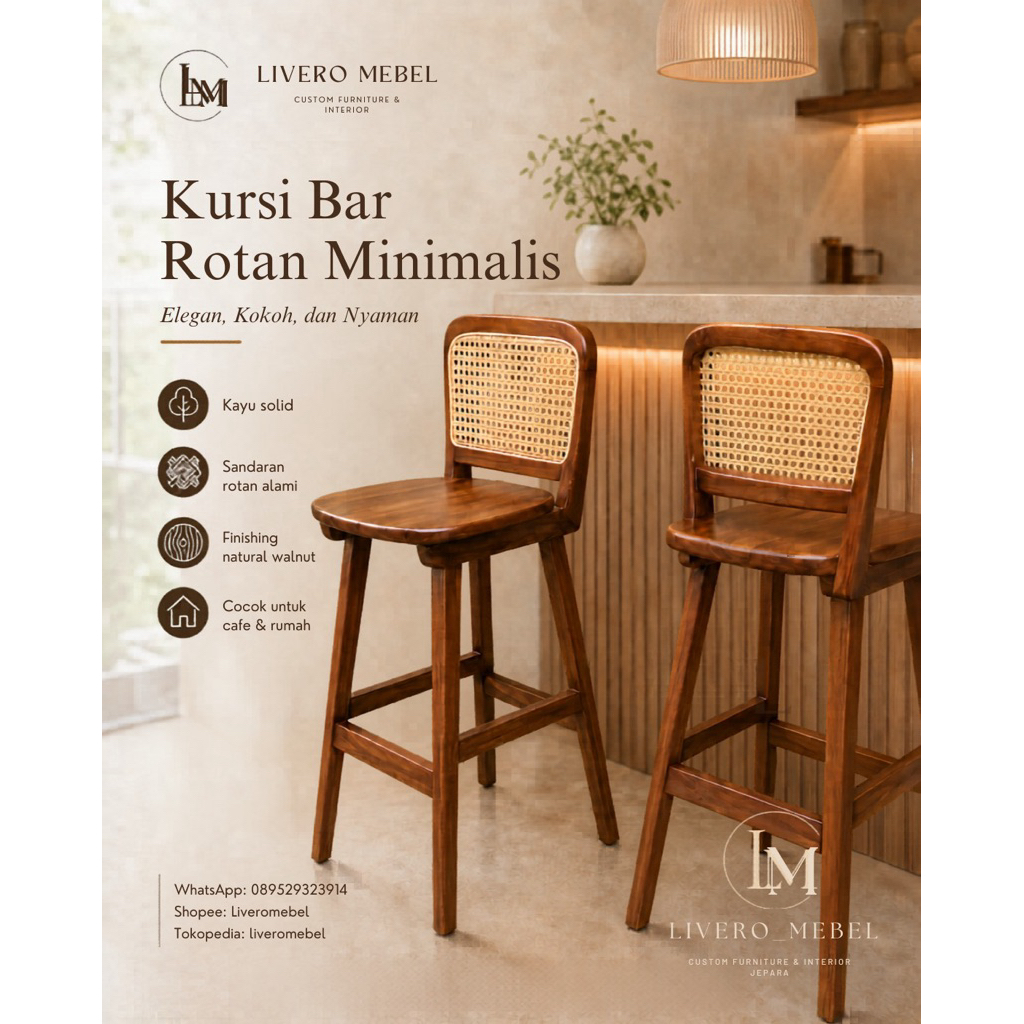 Kursi Bar Rotan Minimalis | Kursi cafe | Bar stool rotan natural | Kursi bar tinggi kayu jati