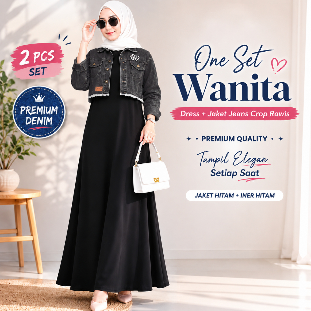 Set Dress Jaket Jeans Wanita Hijab Korean Style Setelan Gamis Outer Denim Crop Casual Kekinian