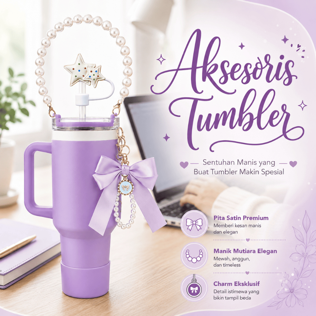 NAVITECH Gantungan Aksesoris Tumbler Aesthetic B03 | Set Aksesoris Tumbler Estetik 4 in 1 Handle Mut