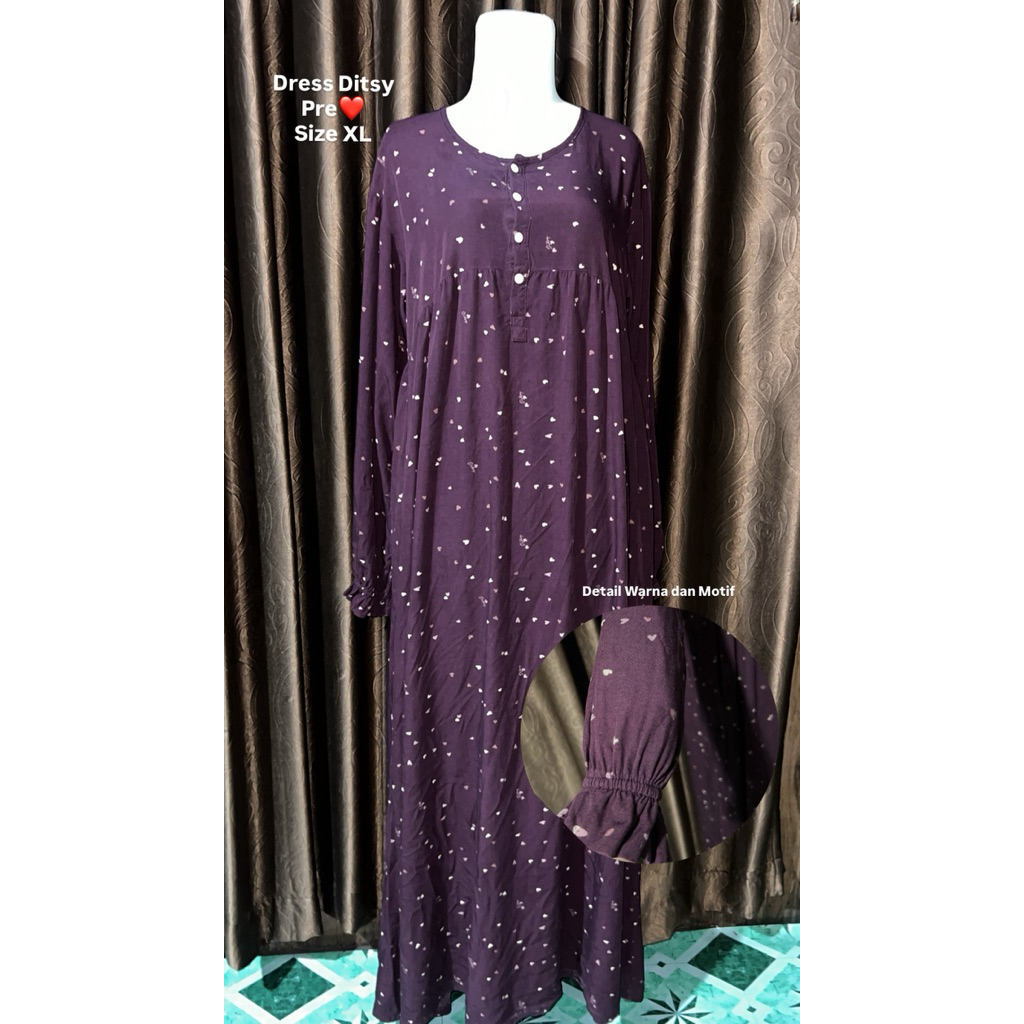 Dress Ditsy Preloved Size XL Warna Burgundy
