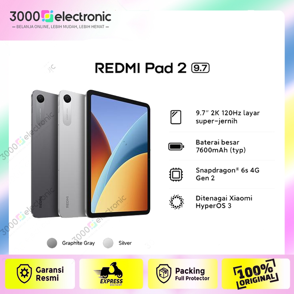 Xiaomi REDMI Pad 2 9.7 - RAM 4GB+64GB | Tablet Layar 9,7"2K 120 Hz | Daya7600 mAh 18W Type C | Tab X