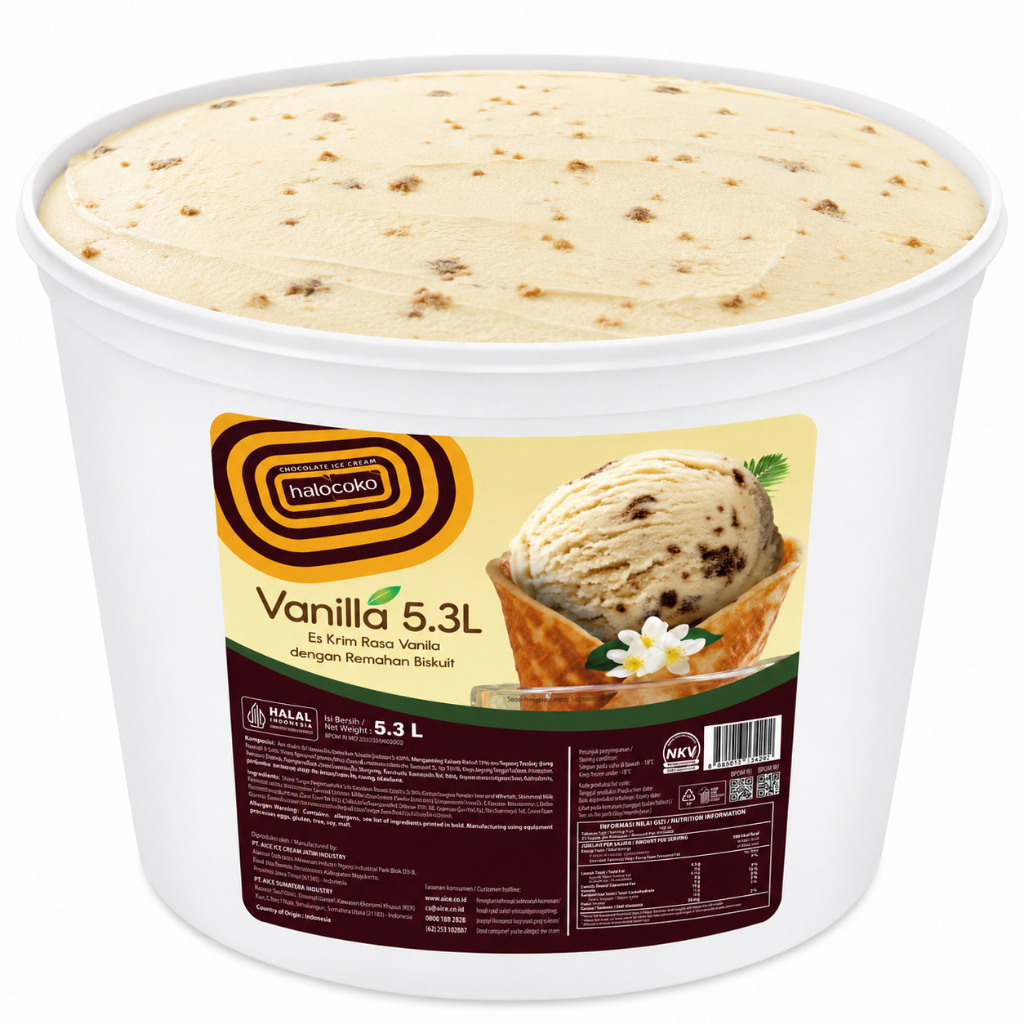 Produk Premium Aice Halocoko 5l Vanilla Ice cream bucket ukuran ekonomis 5 liter dengan taburan rema
