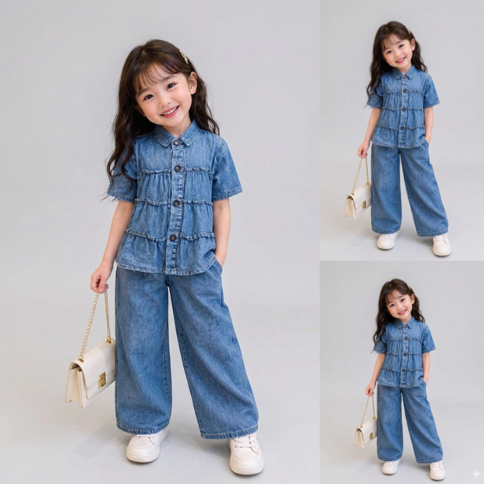 SETELAN BAJU DAN CELANA FULL LEVIS ANAK PEREMPUAN UMUR 3 - 10 TAHUN VIRAL - COD