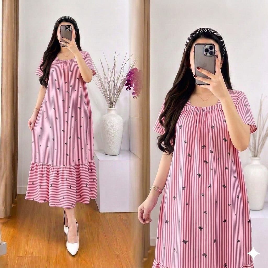 Terbaru Daster Midi Rayon Motif Garis | Bahan Rayon| Adem dan tidak Nerawang | Daster Kekinian
