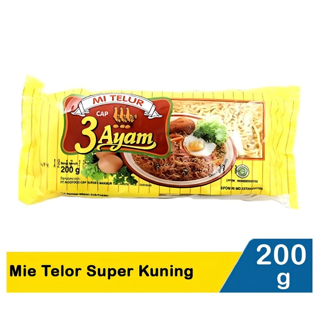 Mie Telor Super Kuning Pipih CAP 3 AYAM 200 gram | Mie Telur Pipih Kenyal untuk Mie Ayam, Mie Goreng