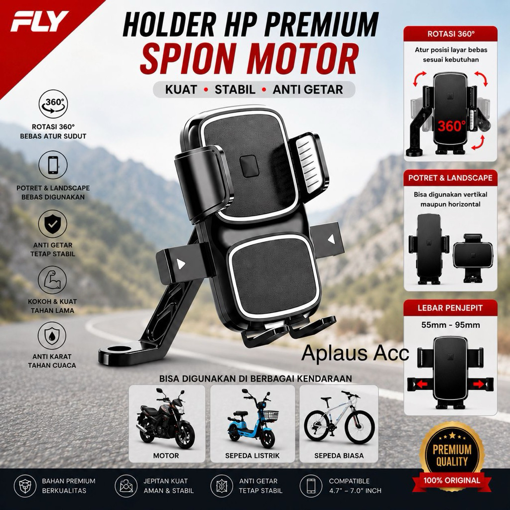 (GROSIRAN) Holder HP Premium Motor Spion PT-03 Universal Rotasi 360° Anti Getar Kokoh untuk Semua Smartphone