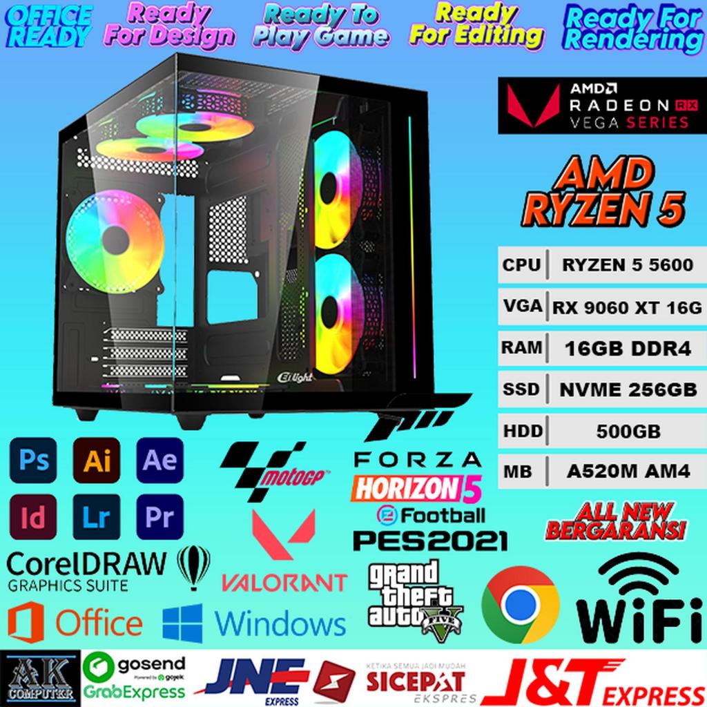 PC GAMING RAKITAN AMD RYZEN 5 5600 + RAM 16GB DDR4 + VGA RX 9060 XT 16GB + NVME 256GB | PC OFFICE | 