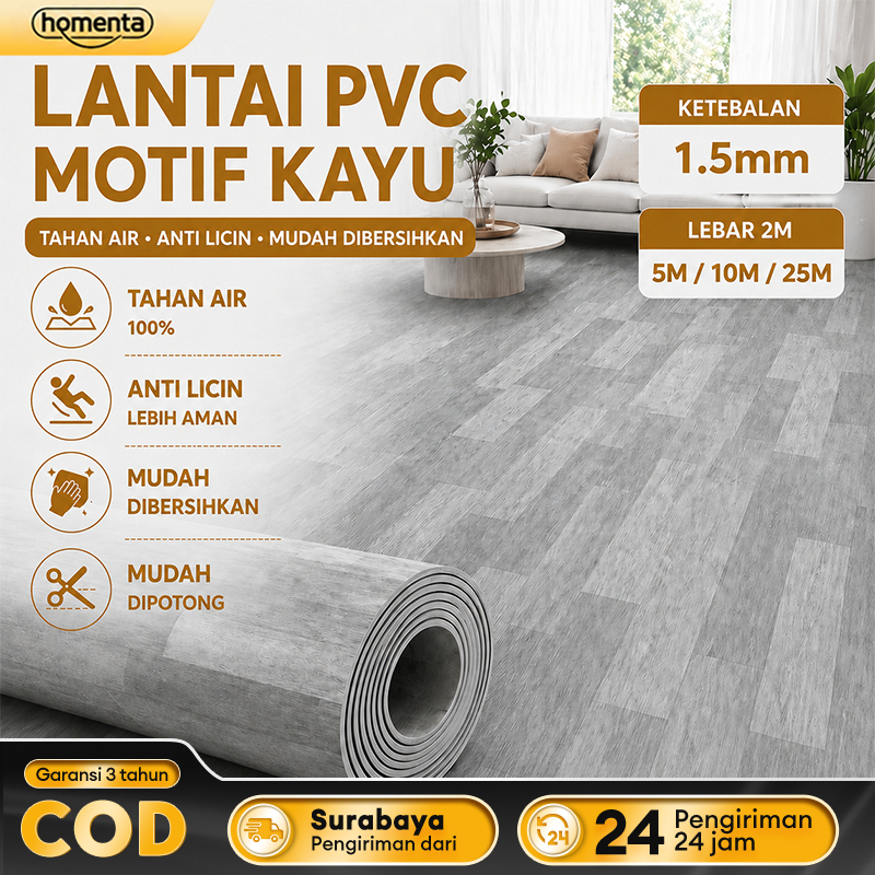 Homenta Karpet Vinyl Lantai Gulungan Kayu 1.5mm Tanpa Lem Langsung Gelar Tahan Api Renovasi Rumah Aw
