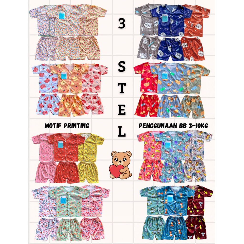 NAKITA 3 Stelan PENDEK Motif Bayi Printing Baru Lahir, 3-6 dan 6-12 Bulan Baju dan Celana Bayi SNI P