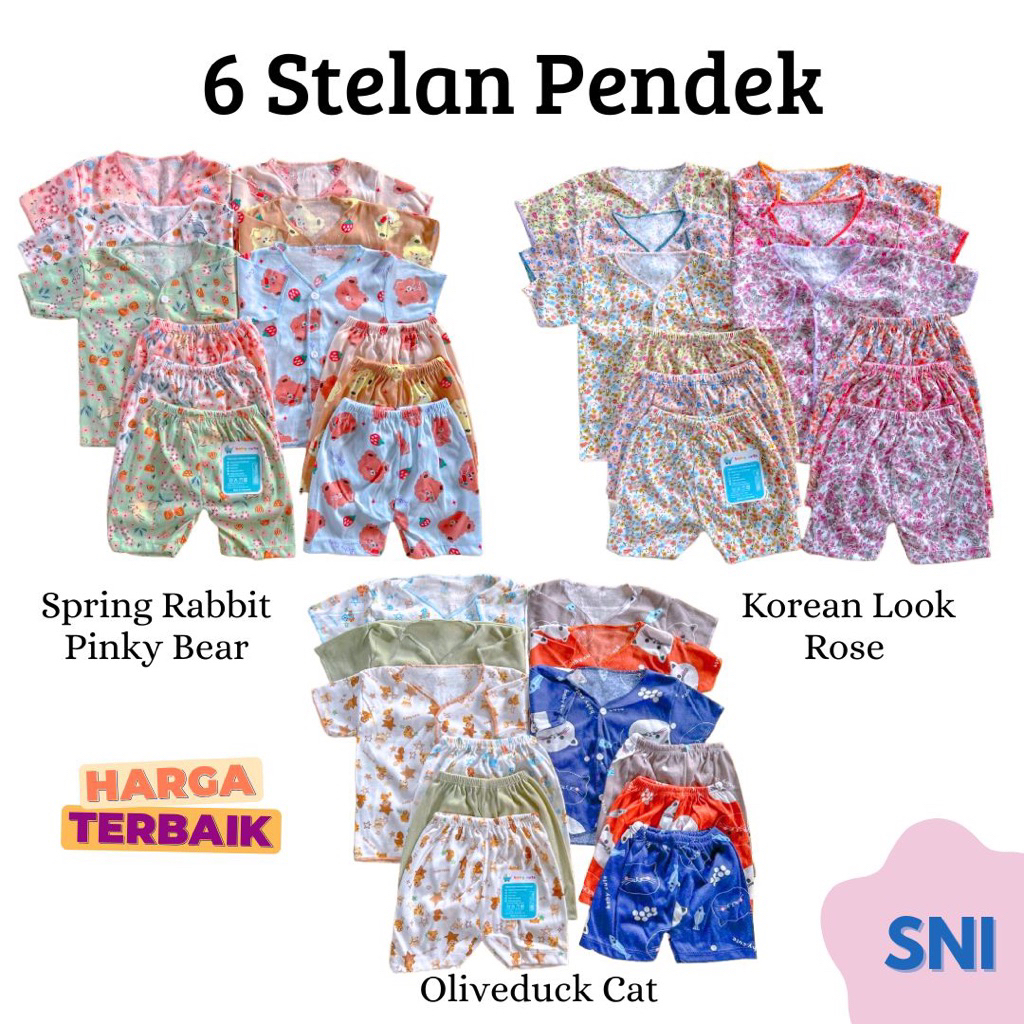 NAKITA 6 Stelan/12Pcs Paket Stelan PENDEK Baju Baby Cute Motif Baru Lahir Dan 6-12 Bulan SNI Promo 9