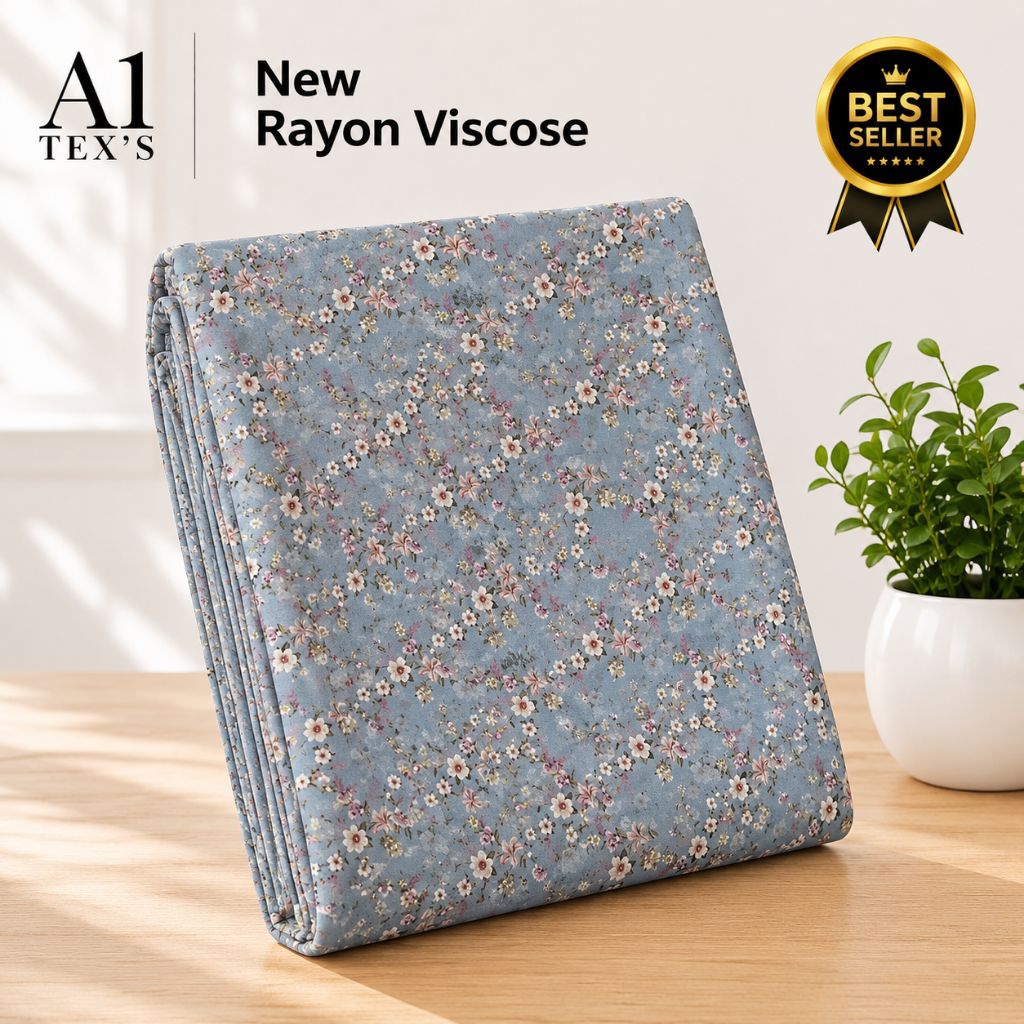 Kain Katun Rayon Viscose Premium - Kain Katun Motif Floral Vintage Biru Dusty Premium - Kain Motif B
