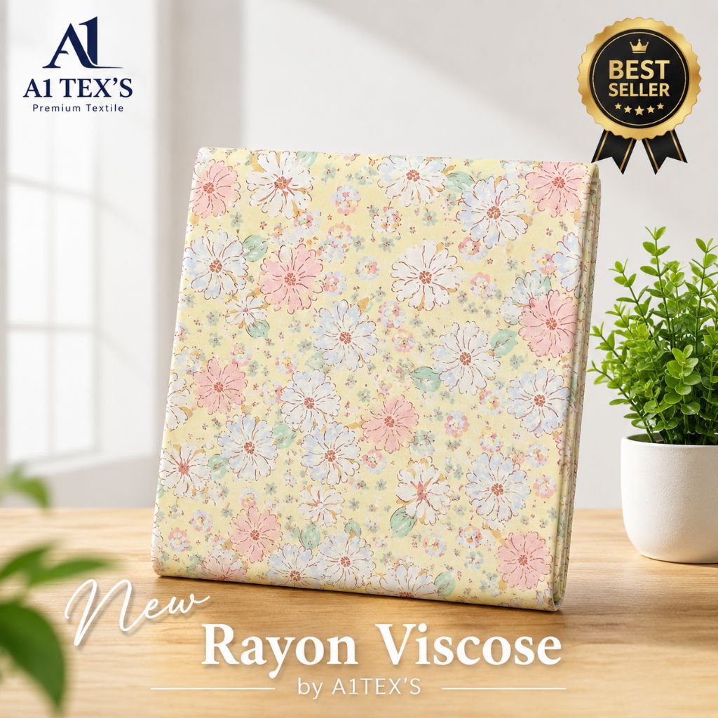 Kain Katun Rayon Viscose Premium - Kain Digital Printing Floral Pastel Cream Motif Bunga Sakura Vint
