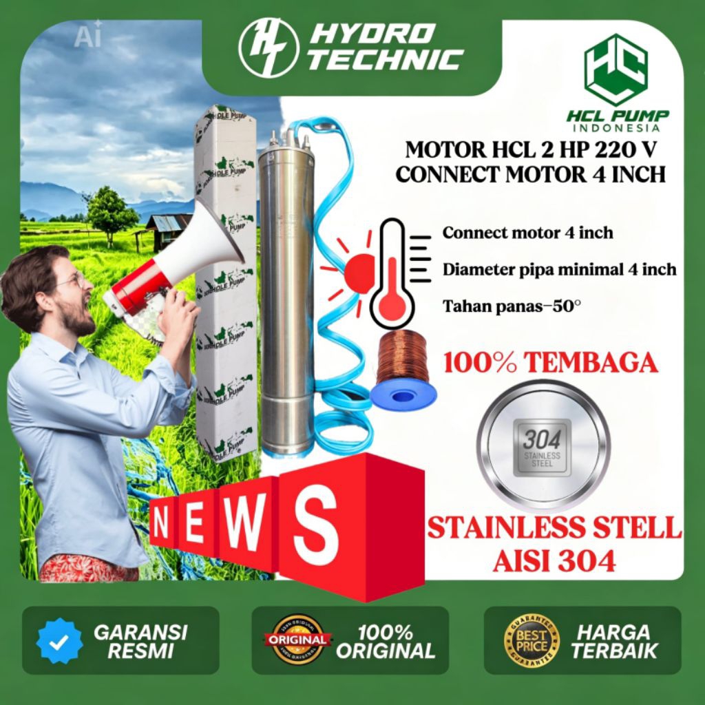 motor/mesin submersible hcl pump 2 hp 220 v body 4 inch plus solasi submersible ORIGINAL HCL