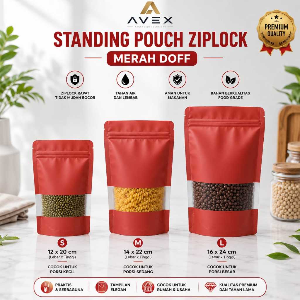 Kemasan Makanan Standing Pouch Window Merah Doff - Tahan Lama, Higienis, Desain Premium KEMASAN STAN