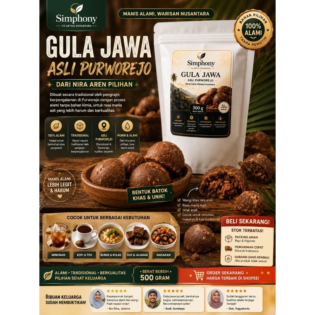 Gula Jawa DAKON Asli Purworejo 500gr | Gula Merah Batok Premium 100% Alami | Tanpa Pengawet | Simpho