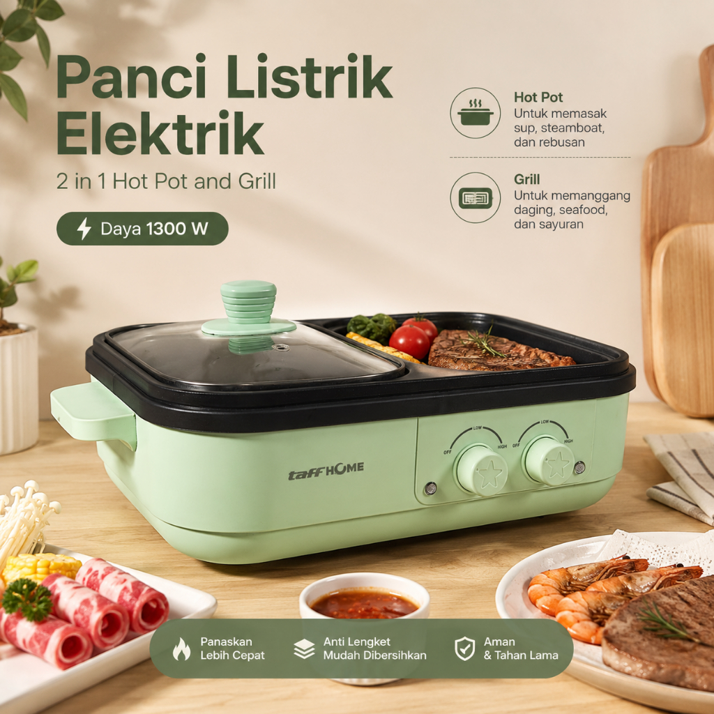 TaffHOME Panci Listrik 2 in 1 Electric Hotpot BBQ Grill Anti Lengket Multifungsi Alat Masak Shabu Sh
