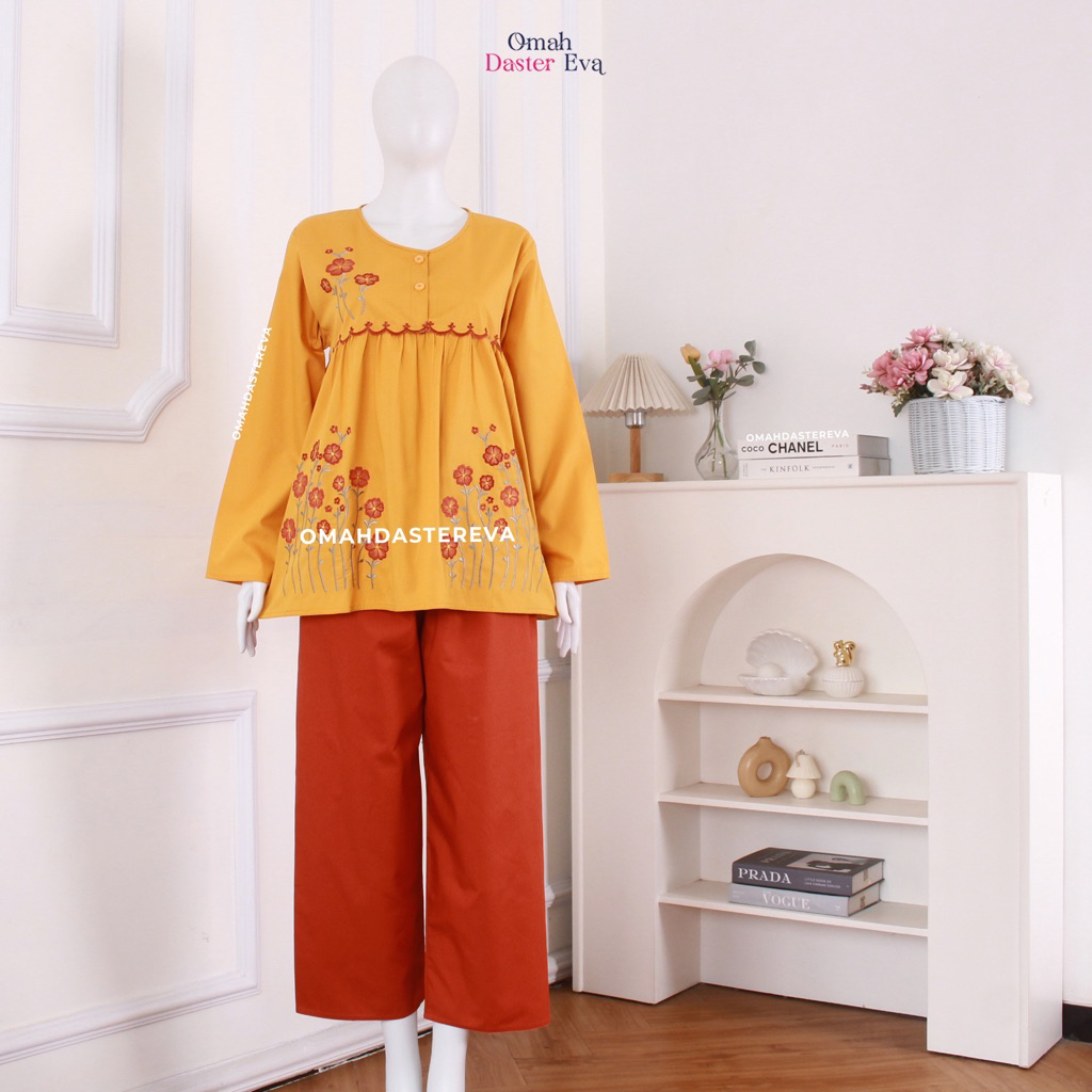 Omah Daster Eva | Piyama Set Bordir Cantik Malang Size S | Katun Jepang Premium |  Adem Nyaman