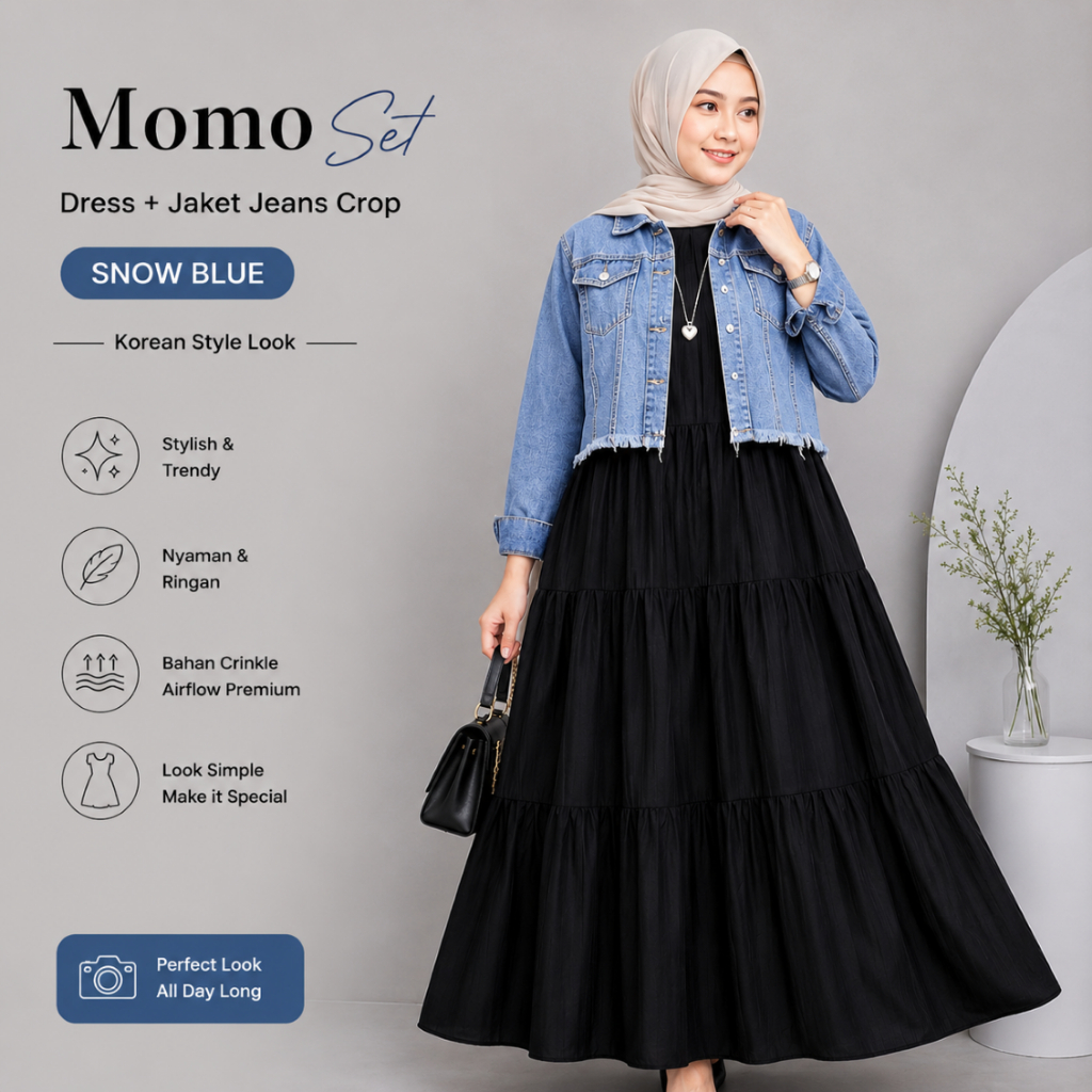 HW Set Dress Jaket Jeans Wanita Hijab Talya Set Gamis Outer Denim Crop Korean Style Casual Kekinian 