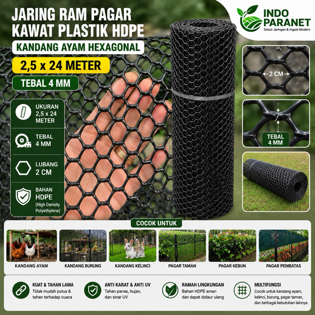 JARING RAM PAGAR KAWAT PLASTIK HDPE | 2,5 x 24 Meter | TEBAL 4MM KANDANG AYAM HEXAGONAL