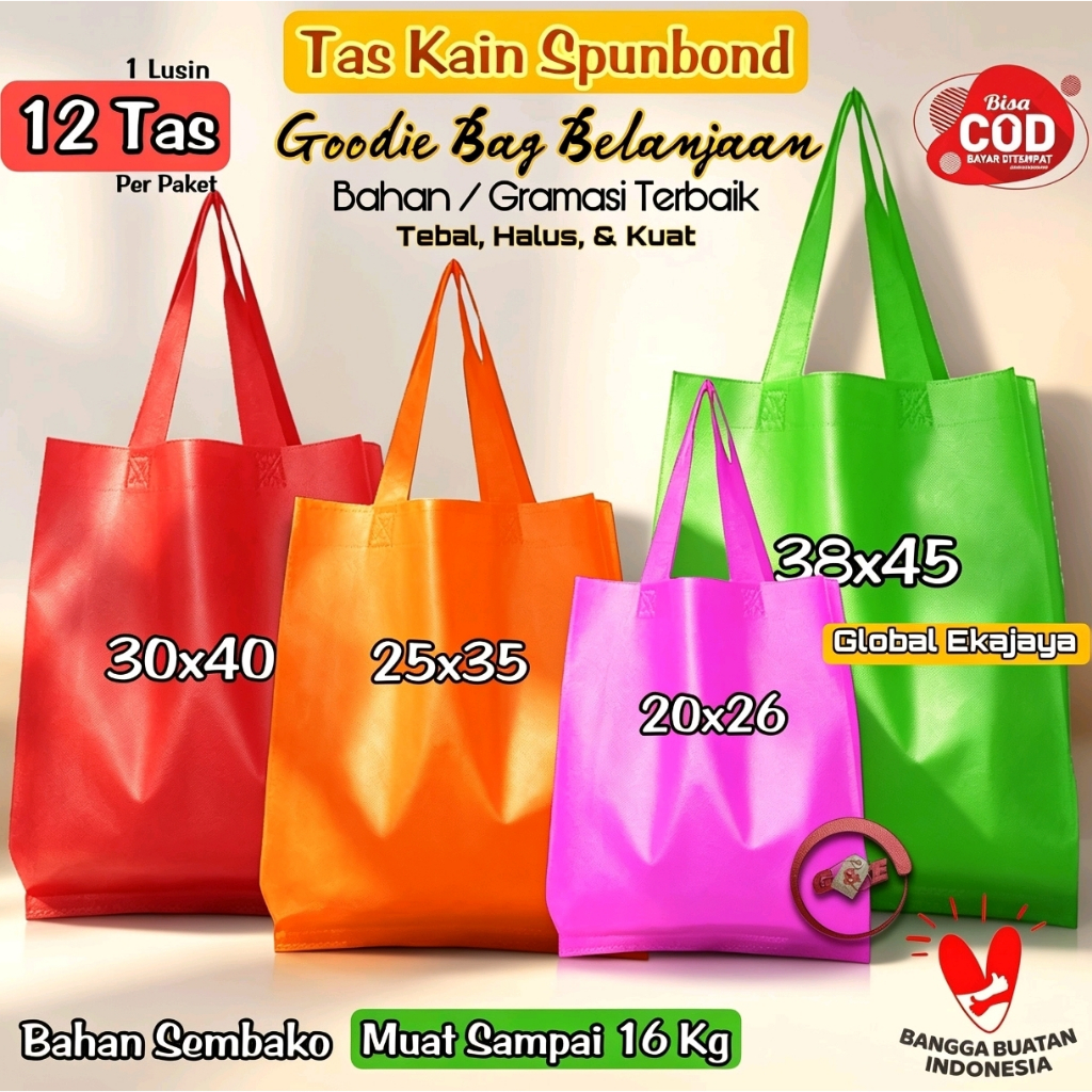 Lusinan 12 Tas Spunbond Goodie Bag Tali Uk 38x45x10 30x40x10 25x35x10 20x26x10 Totebag Godybag Kain 