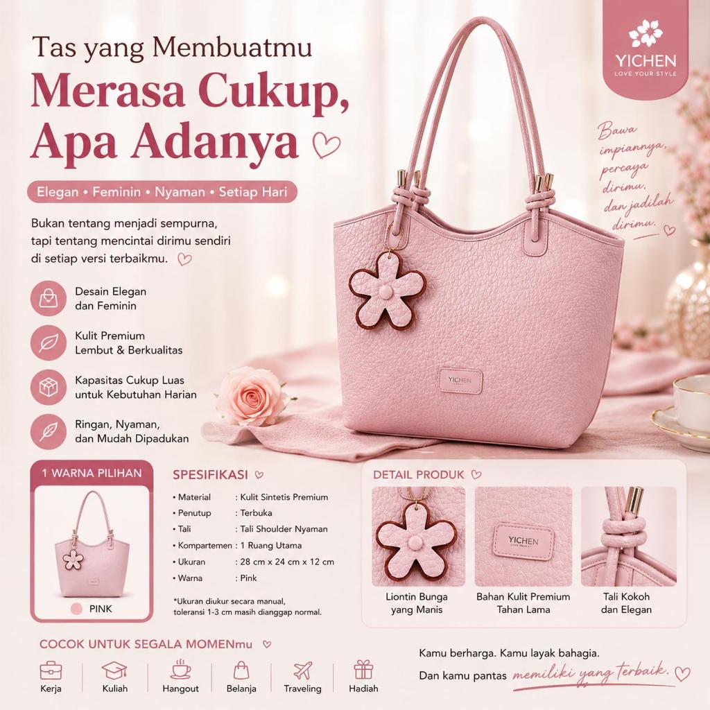 Château Bag - Tas Yichen Wanita Tote Pink Pastel – Elegant Simple Shoulder Bag Premium