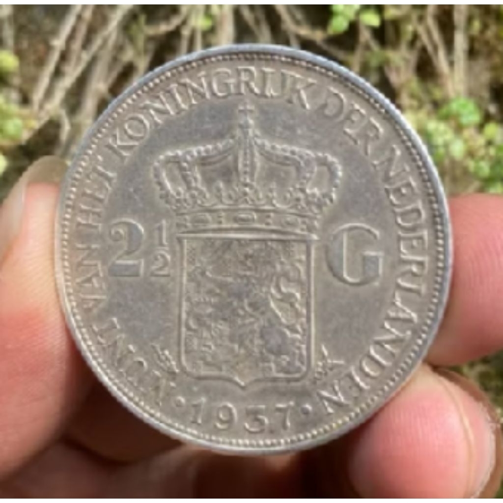 Uang Koin Kuno Belanda 2½ Gulden Wilhelmina bahan Perak Asli