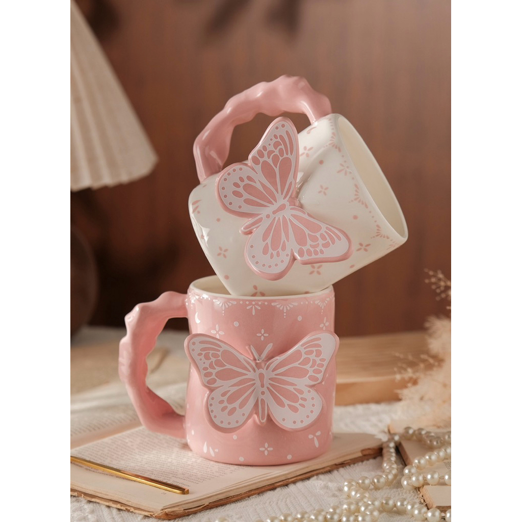 Mug Keramik Kupu-Kupu 3D Pink 500ml | Cangkir Keramik Estetik Cute Butterfly Mug