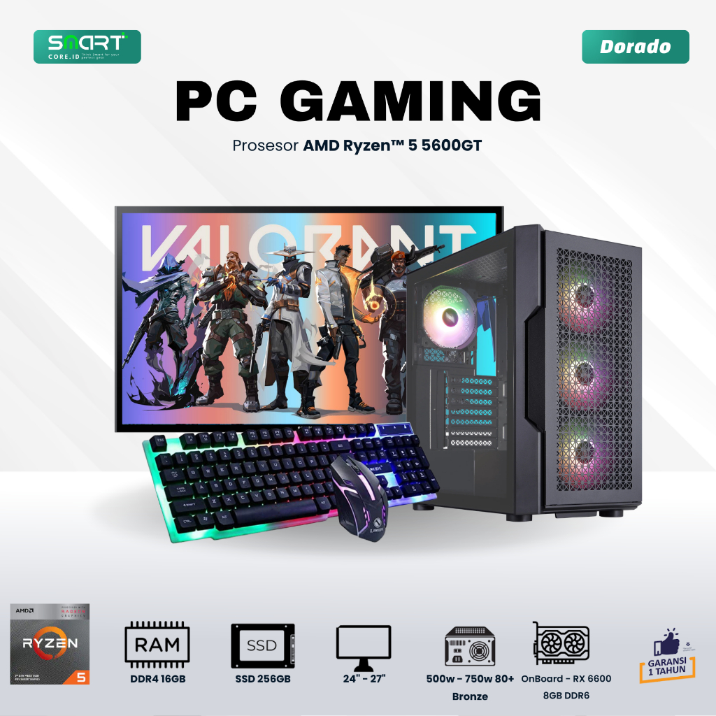 SMART PC Fullset Rakitan Gaming Editing Rendering Amd Ryzen 5 5600GT | RAM 16GB - SSD 256GB | Comput