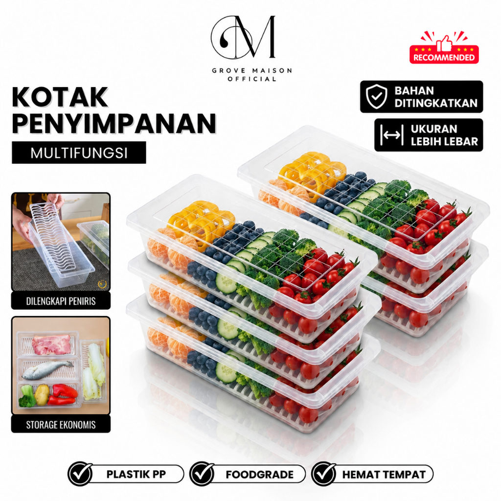 GROVE MAISON 5PCS Kotak Penyimpanan Kulkas Toples Panjang Serbaguna Wadah Penyimpanan Sayur Ikan Sna