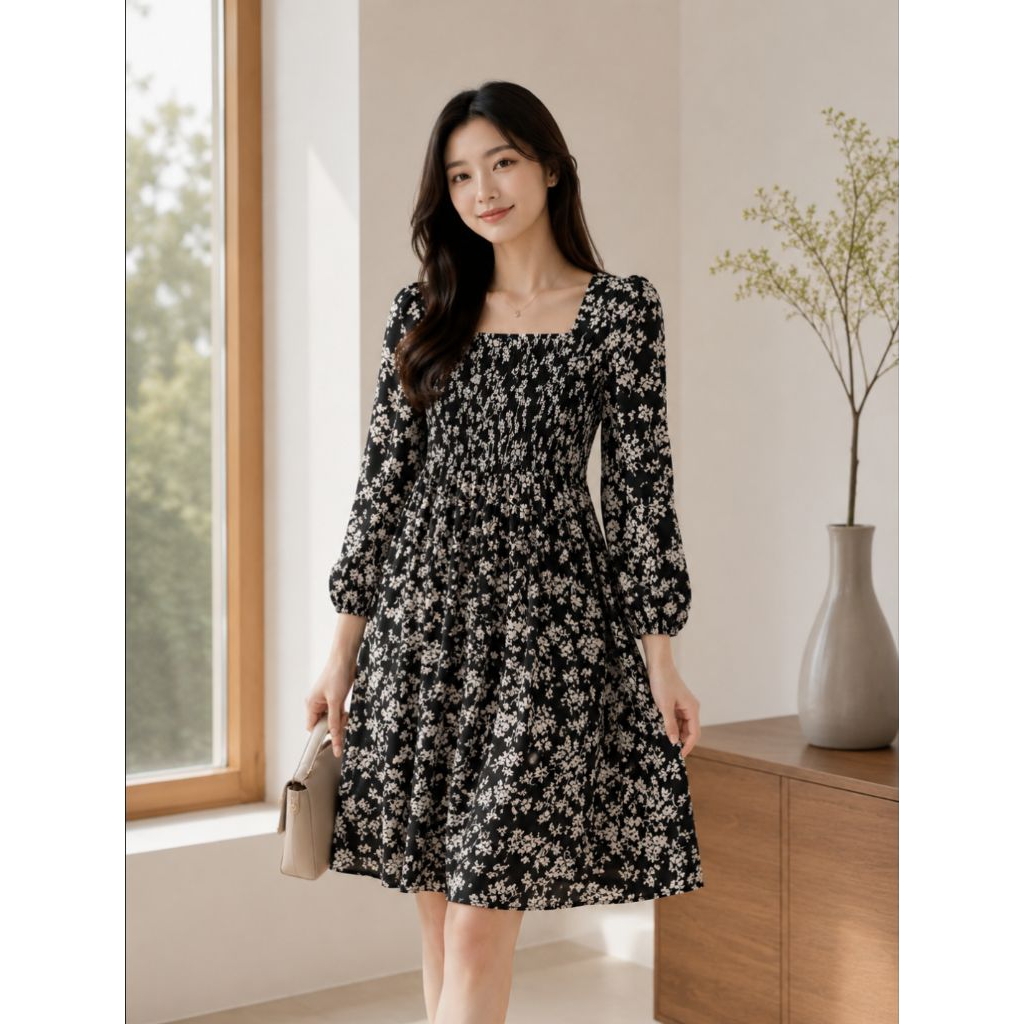 Dress Smoke Hitam Bunga