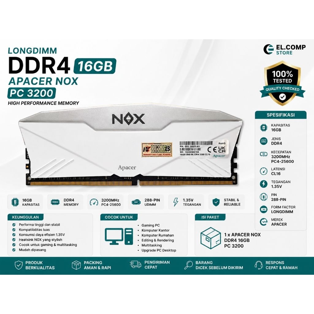 LONGDIMM DDR4 16GB APACER NOX PC 3200