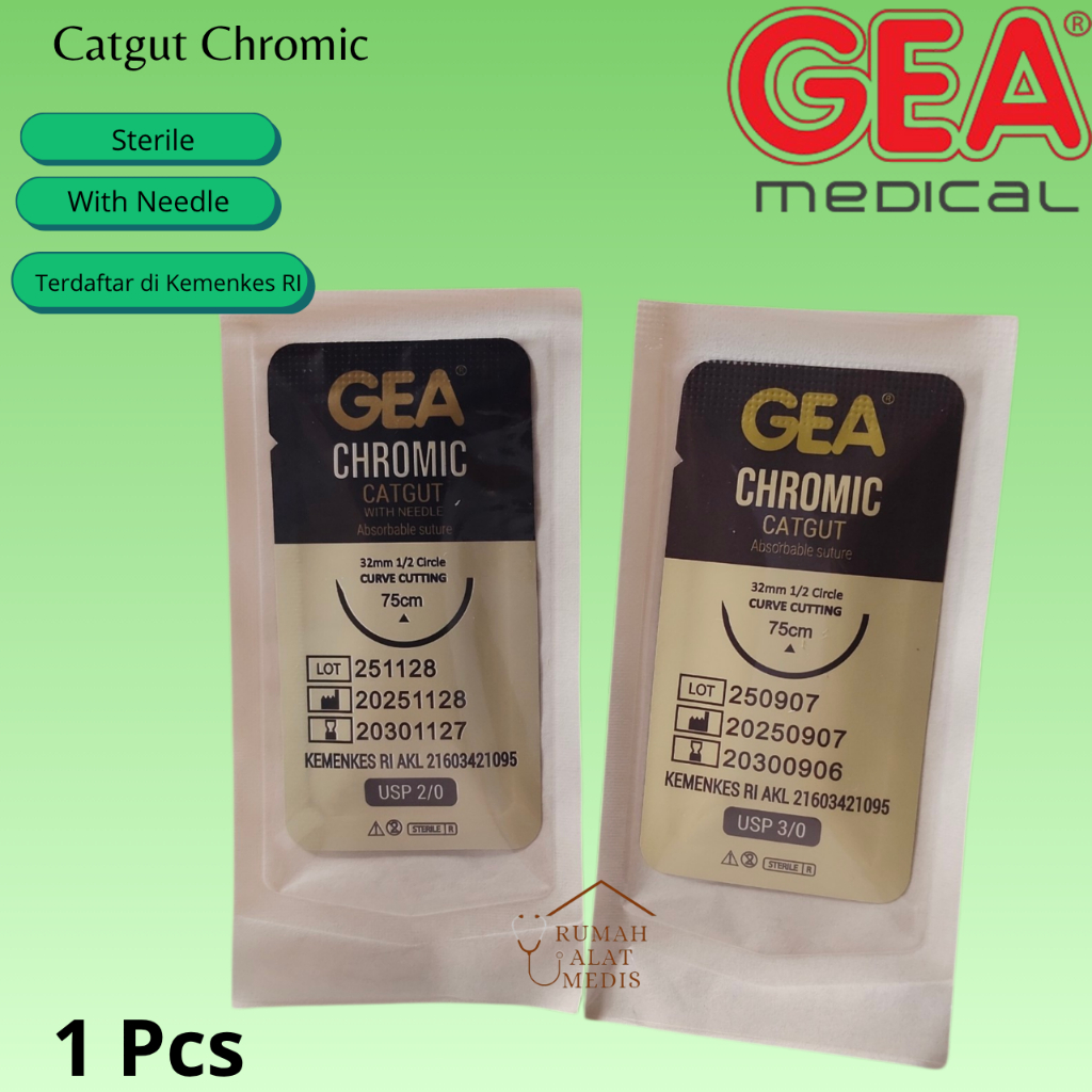 Ecer GEA Cat Gut Chromic Dengan Jarum/Benang PLUS Jarum Chromic 2/0 3/0 Catgut Benang Jahit