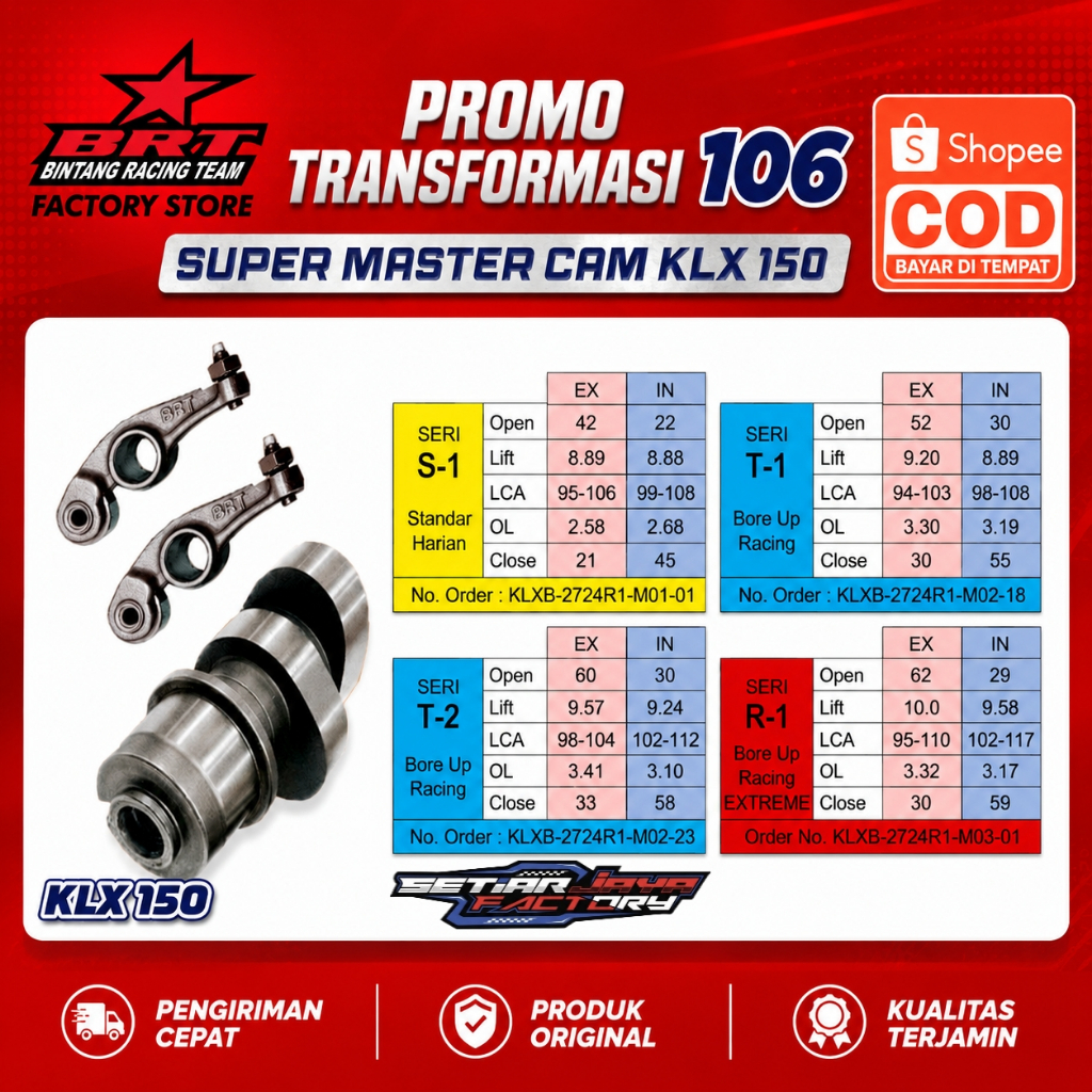 Mastercam Noken As BRT Klx 150 Klx 140 Dtracker 27/24 31/25 Tipe S1 T1 T2 R1 R2 R3 R4 R5 R6 R7 Camsh