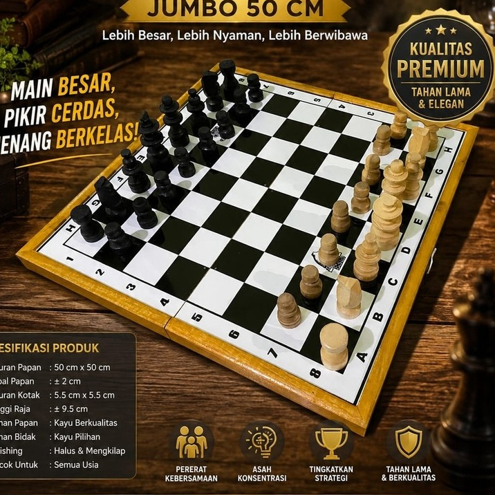 RAJA CATUR Papan Catur Lipat Kayu 50cm Set Catur Lengkap Premium