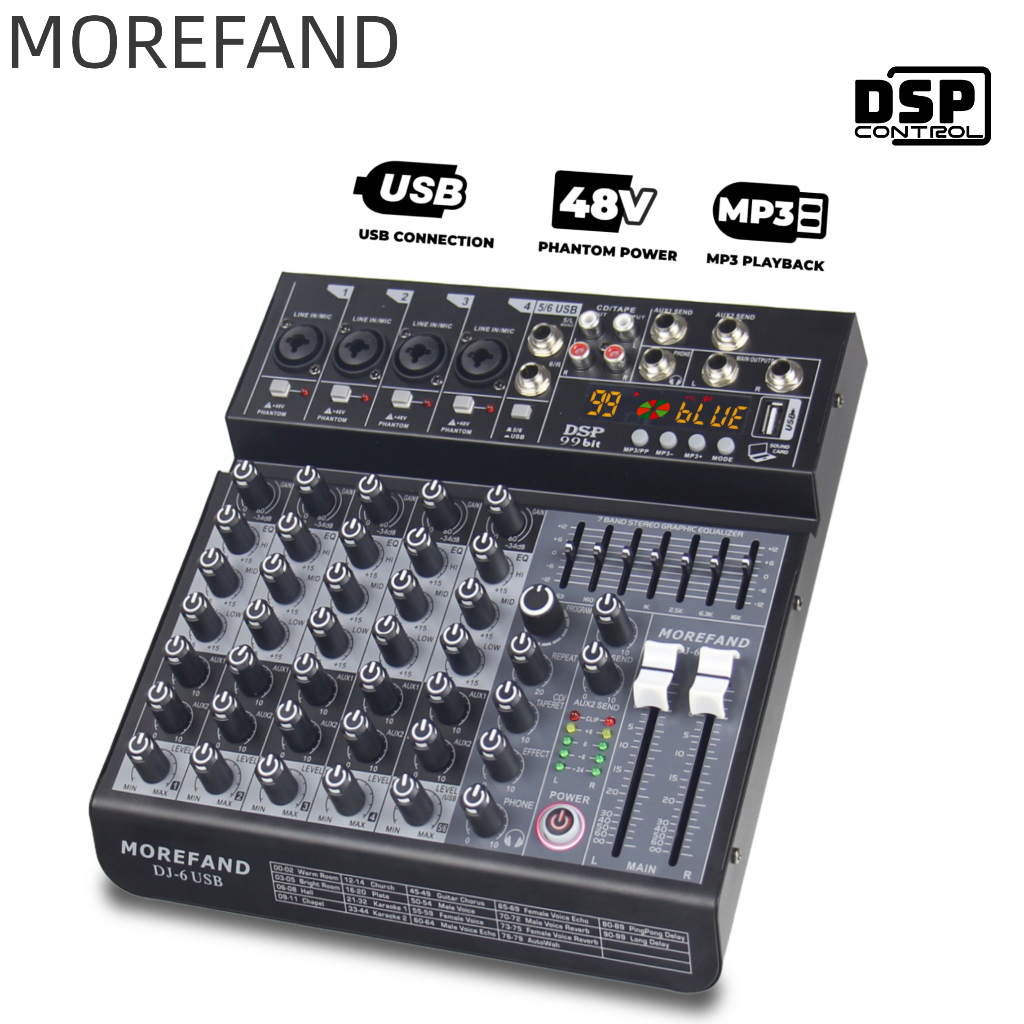 MOREFAND DJ4/DJ6/DJ8 Mixer Equalizer Ashley Stereo Graphic Equalizer 4/6/8 chanel  99 DSP sinyal USB